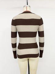 Back view of the striped V neck knit top displayed on a dress form