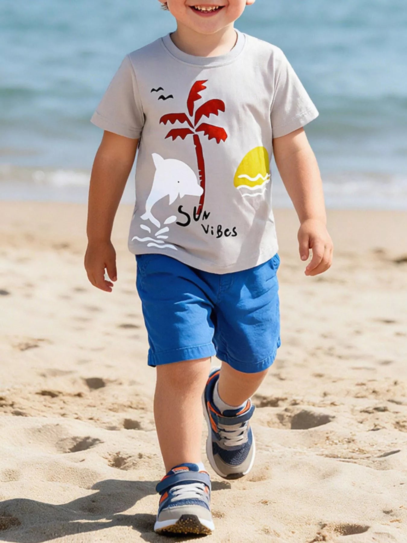 Children's gray short-sleeve tee featuring a Sun Vibes graphic design.