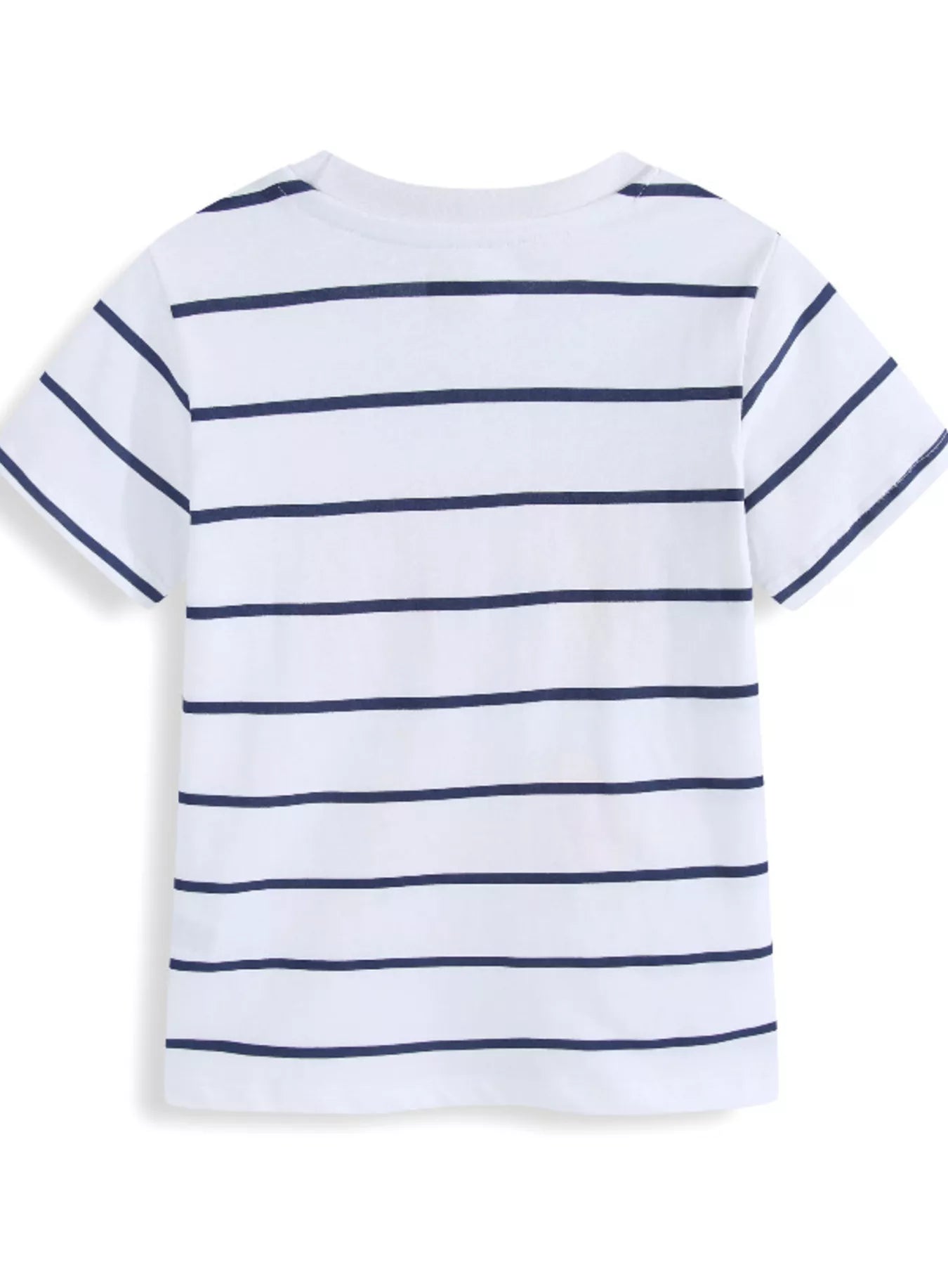Back view of a children's white t-shirt with plain navy horizontal stripes and short sleeves
