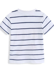 Back view of a children's white t-shirt with plain navy horizontal stripes and short sleeves