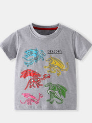 Gray children's crew neck short sleeve T-shirt with colorful dragon skeleton prints, laid flat in front view