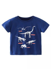 Front view of navy children's crew neck tee with white dinosaur skeleton prints