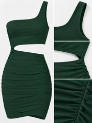 Detail collage of army green one shoulder cutout ruched bodycon mini dress showing strap cutout and ruching