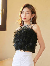 Feather-Trimmed Ruffle Bustier Top S / Black