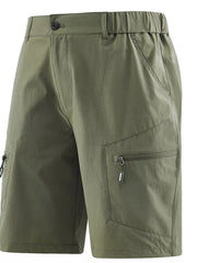 Men's army green outdoor shorts with zipper pockets and a drawstring waist.