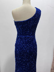 Royal blue sequin one shoulder evening dress rear bodice view on a dress form