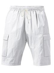Men's white lightweight cargo shorts with a drawstring waist and pockets.
