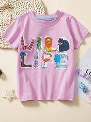 Pink children's short sleeve tee with a wild life graphic of animals forming large letters
