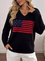 Front view of black V neck knit sweater with American flag stars and red stripes print.