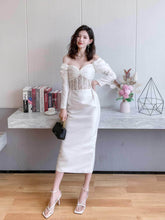 Flared Long Sleeve Satin Lace Dress S / White