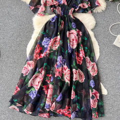Flared Sleeves Floral Print Midi Chiffon Dress