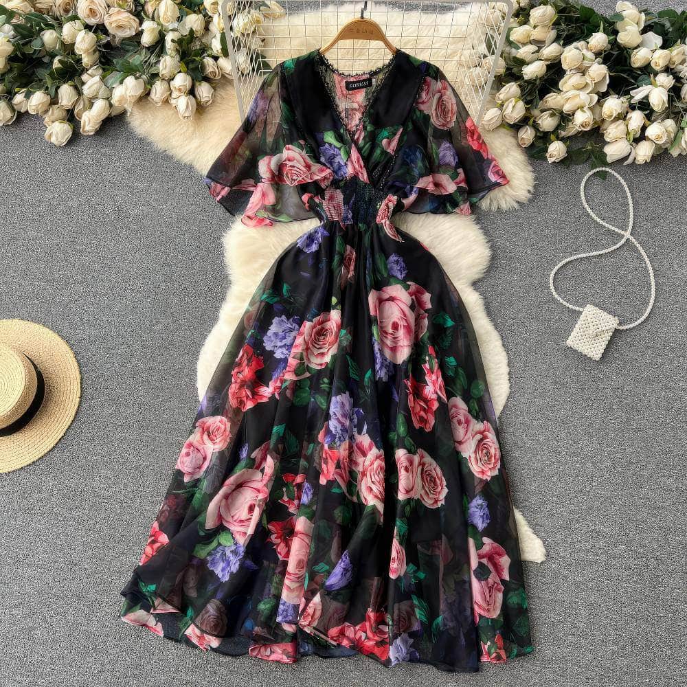Flared Sleeves Floral Print Midi Chiffon Dress