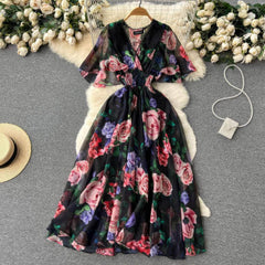 Flared Sleeves Floral Print Midi Chiffon Dress
