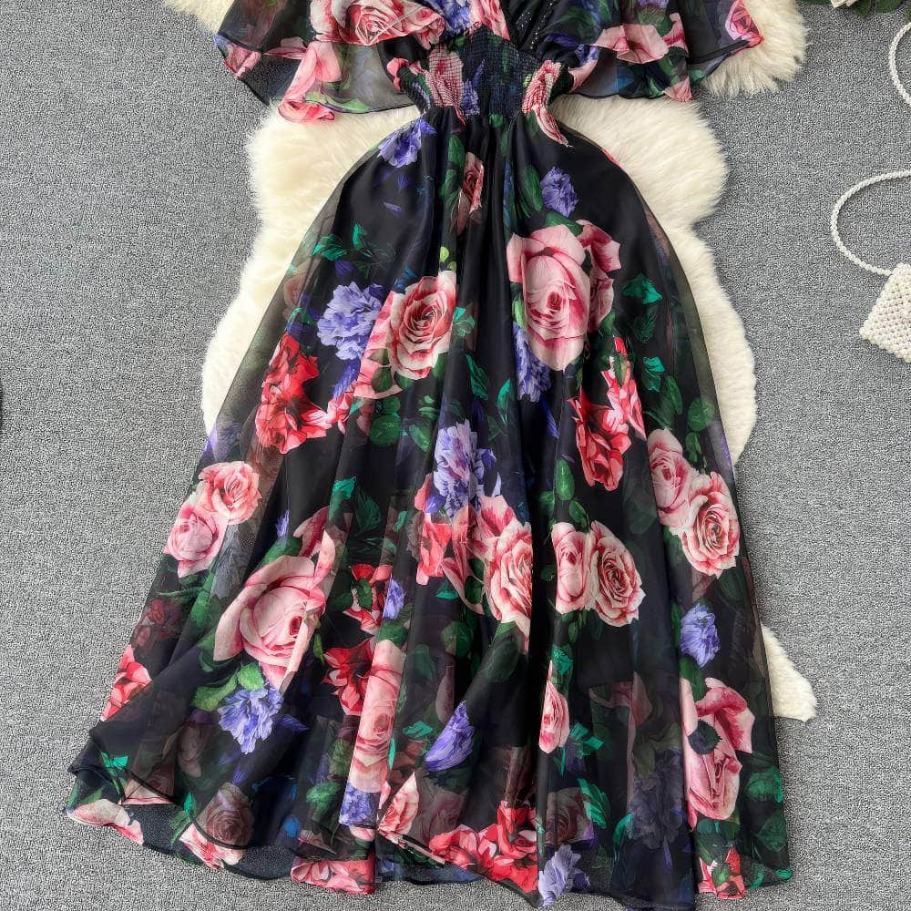 Flared Sleeves Floral Print Midi Chiffon Dress
