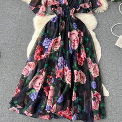 Flared Sleeves Floral Print Midi Chiffon Dress