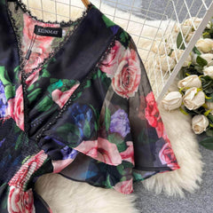 Flared Sleeves Floral Print Midi Chiffon Dress