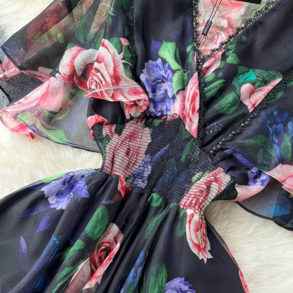 Flared Sleeves Floral Print Midi Chiffon Dress