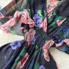 Flared Sleeves Floral Print Midi Chiffon Dress