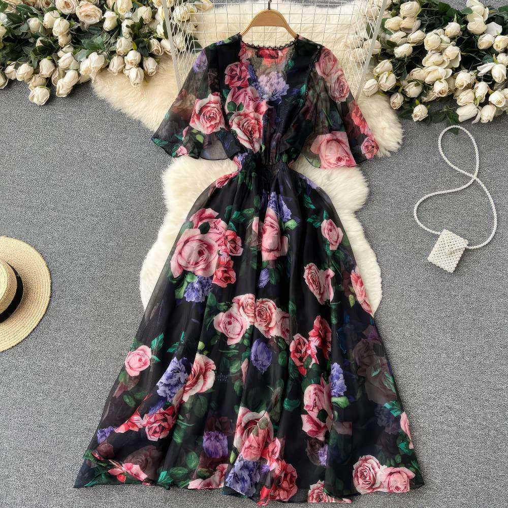 Flared Sleeves Floral Print Midi Chiffon Dress