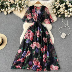 Flared Sleeves Floral Print Midi Chiffon Dress