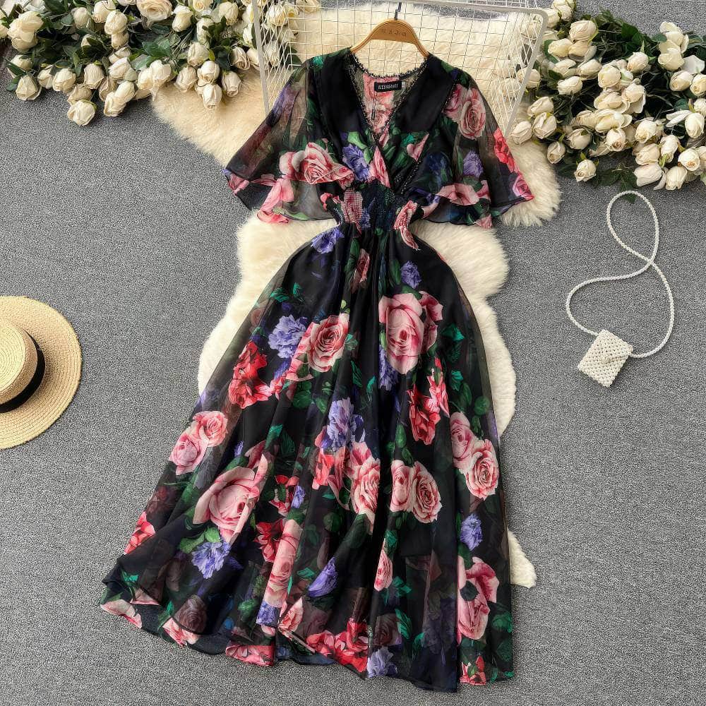 Flared Sleeves Floral Print Midi Chiffon Dress