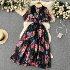 Flared Sleeves Floral Print Midi Chiffon Dress