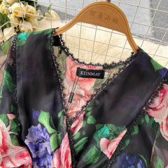 Flared Sleeves Floral Print Midi Chiffon Dress