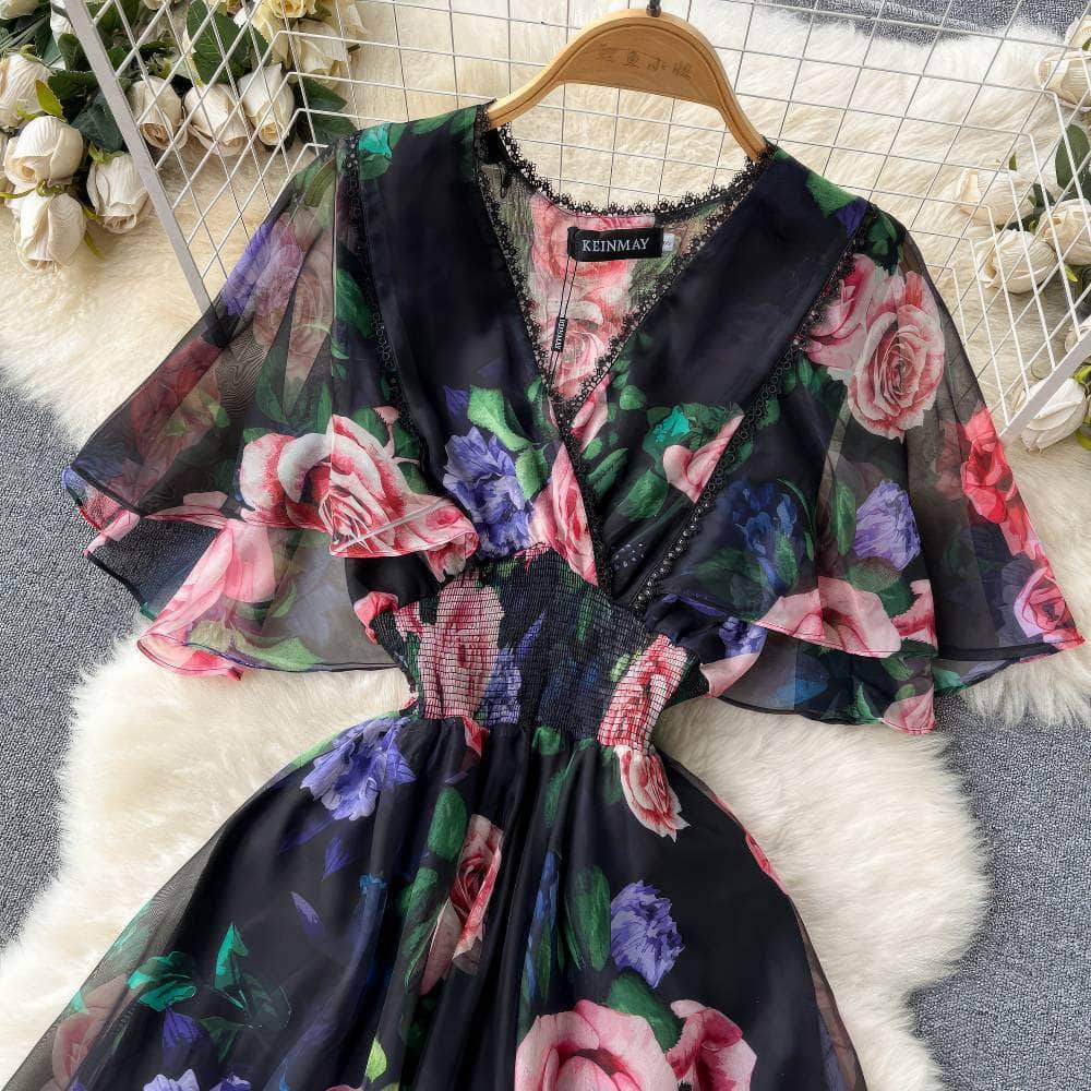 Flared Sleeves Floral Print Midi Chiffon Dress