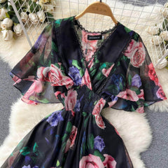 Flared Sleeves Floral Print Midi Chiffon Dress