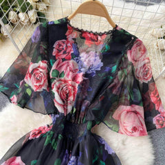 Flared Sleeves Floral Print Midi Chiffon Dress