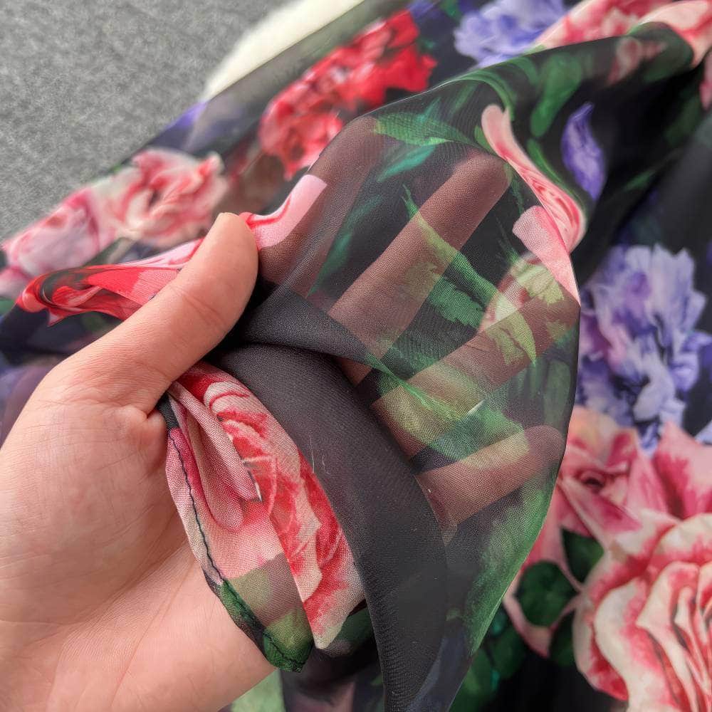 Flared Sleeves Floral Print Midi Chiffon Dress