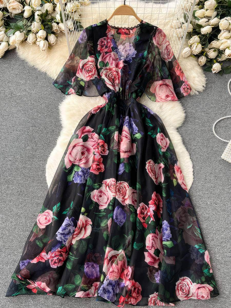 Flared Sleeves Floral Print Midi Chiffon Dress