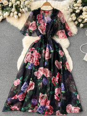 Flared Sleeves Floral Print Midi Chiffon Dress