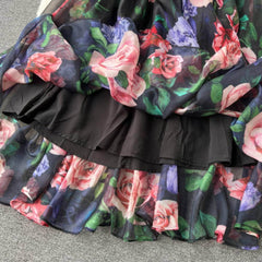 Flared Sleeves Floral Print Midi Chiffon Dress