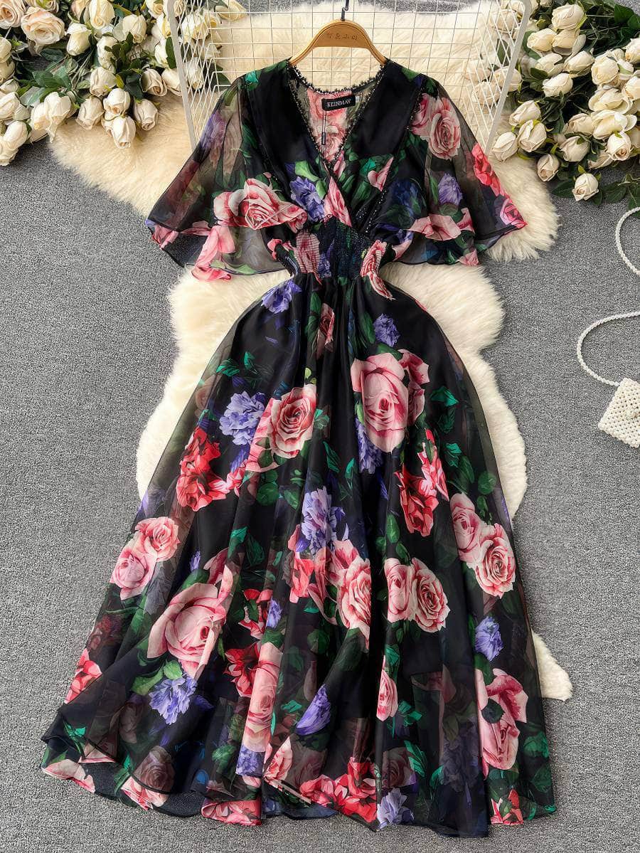 Flared Sleeves Floral Print Midi Chiffon Dress S / Black