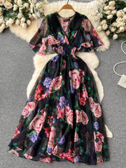 Flared Sleeves Floral Print Midi Chiffon Dress S / Black