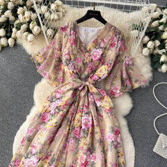 Flared Sleeves Irregular Hem Floral Print Chiffon Dress