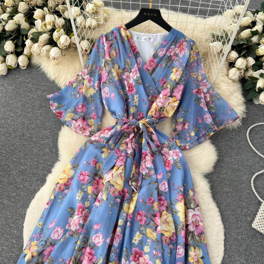 Flared Sleeves Irregular Hem Floral Print Chiffon Dress