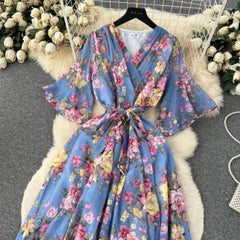 Flared Sleeves Irregular Hem Floral Print Chiffon Dress