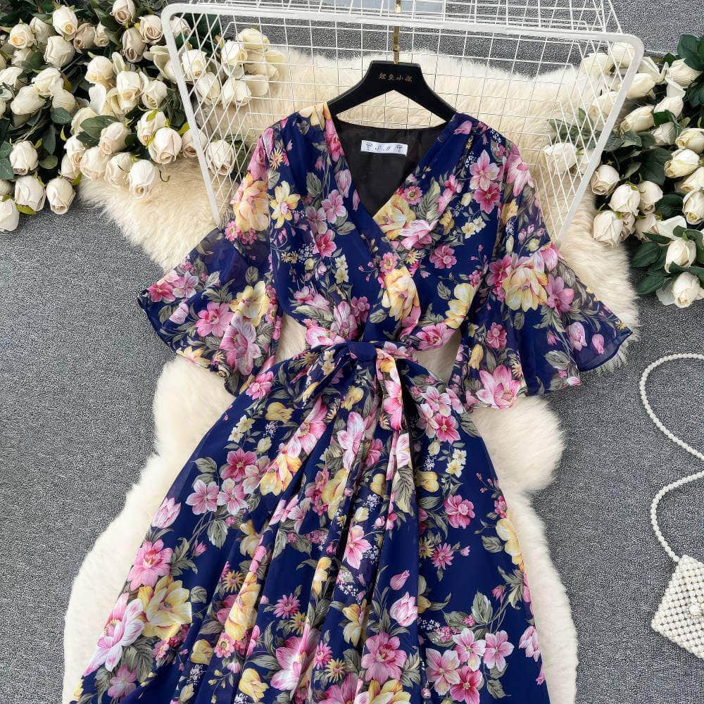 Flared Sleeves Irregular Hem Floral Print Chiffon Dress