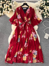 Flared Sleeves Irregular Hem Floral Print Chiffon Dress MAX SIZE / DarkRed