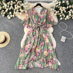 Flared Sleeves Irregular Hem Floral Print Chiffon Dress MAX SIZE / Green