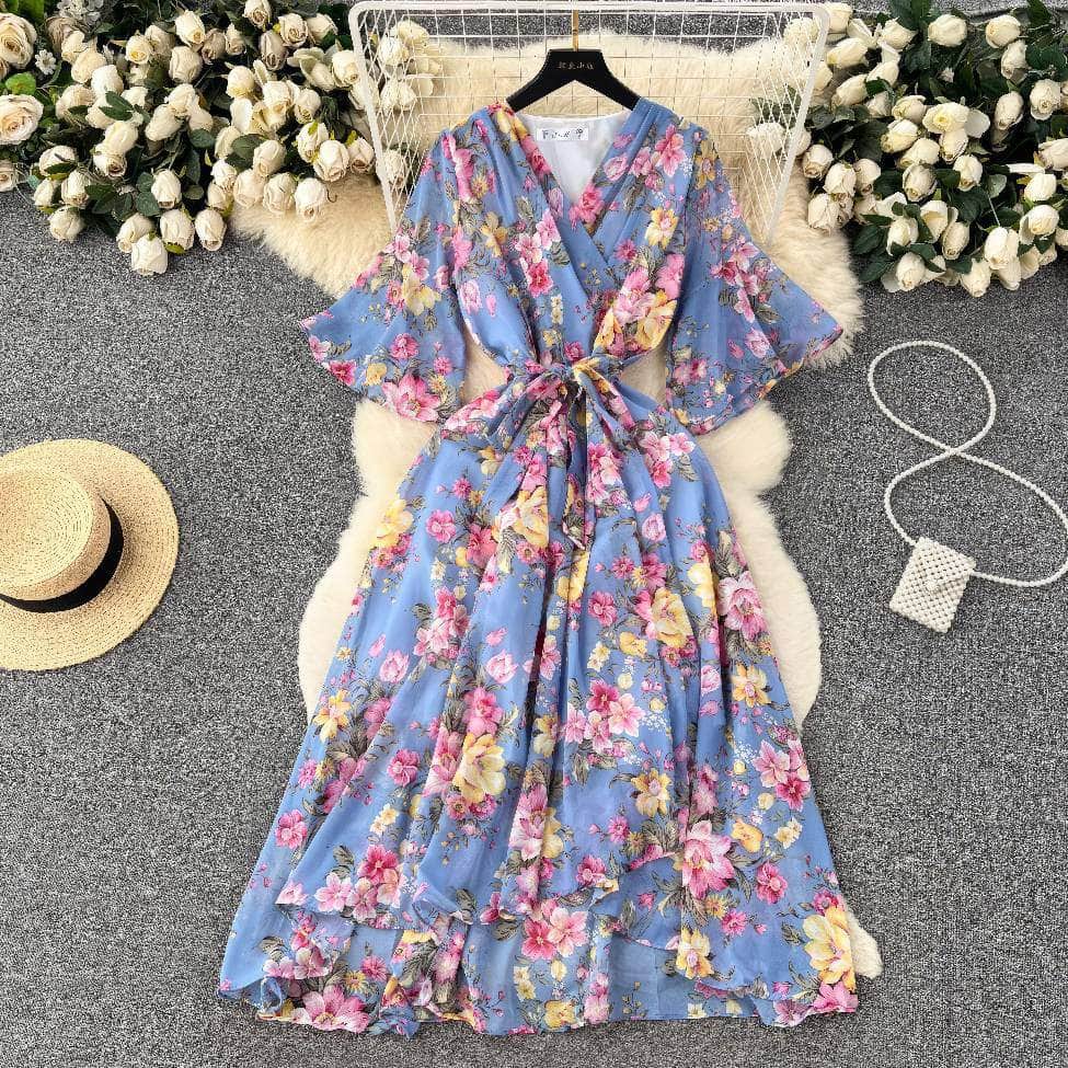 Flared Sleeves Irregular Hem Floral Print Chiffon Dress MAX SIZE / LightBlue