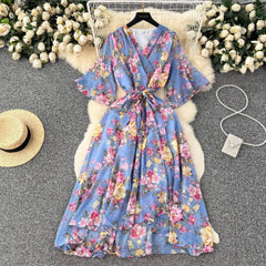 Flared Sleeves Irregular Hem Floral Print Chiffon Dress MAX SIZE / LightBlue