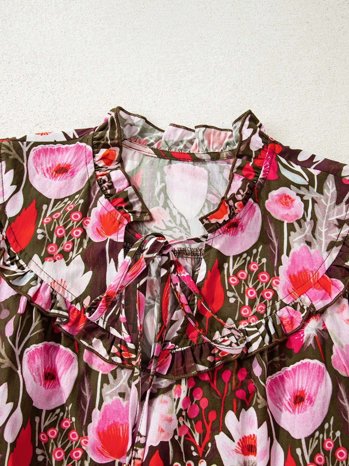 Floral Balloon Sleeve Tie Neck Blouse