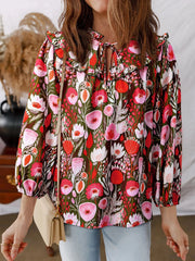 Floral Balloon Sleeve Tie Neck Blouse Floral / S