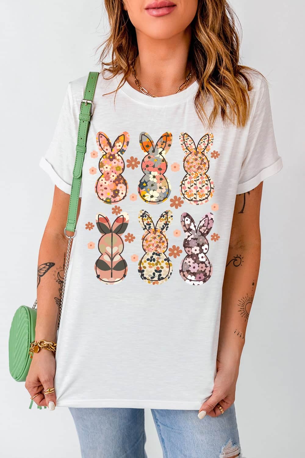 Floral Bunny Graphic Crewneck Short Sleeve T-Shirt