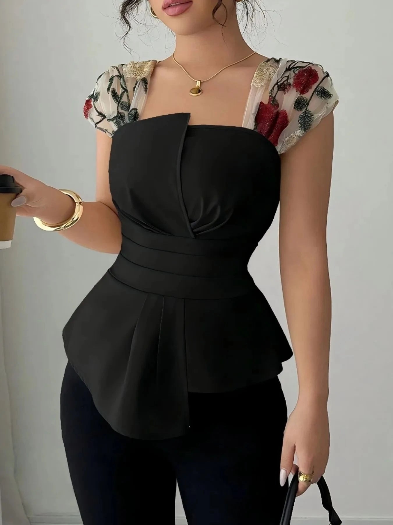 Floral Cap Sleeve Peplum Blouse