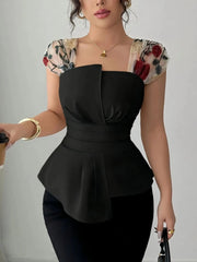 Floral Cap Sleeve Peplum Blouse Black / S
