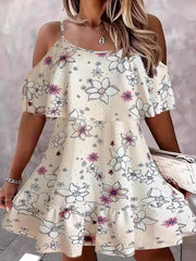 Floral Cold Shoulder Ruffle Mini Dress Yellow / S